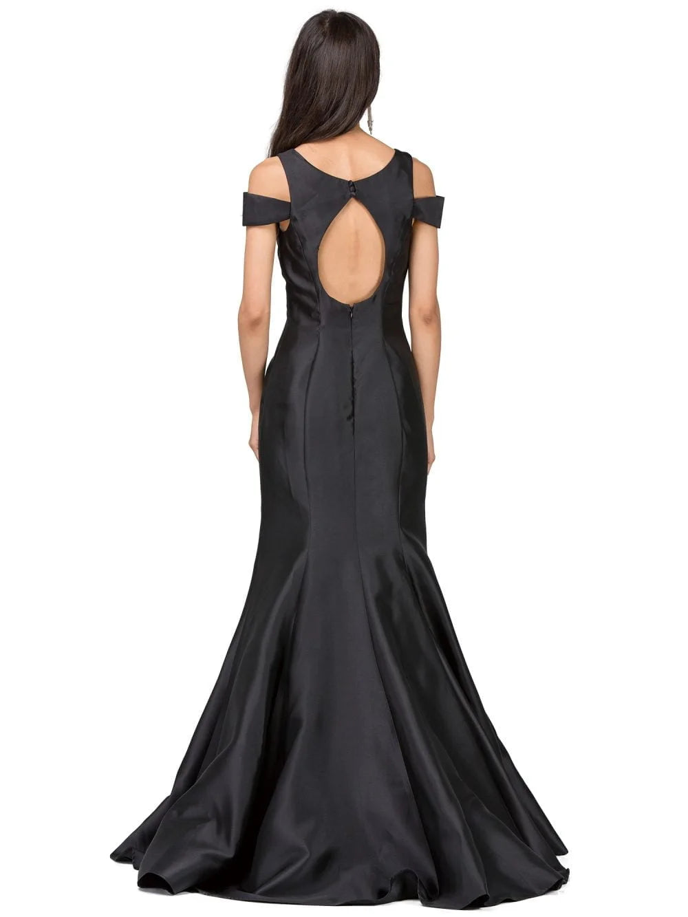 Cold Shoulder Satin Gown with Open Back and Button Detailing on Mermaid Train Prom Dress