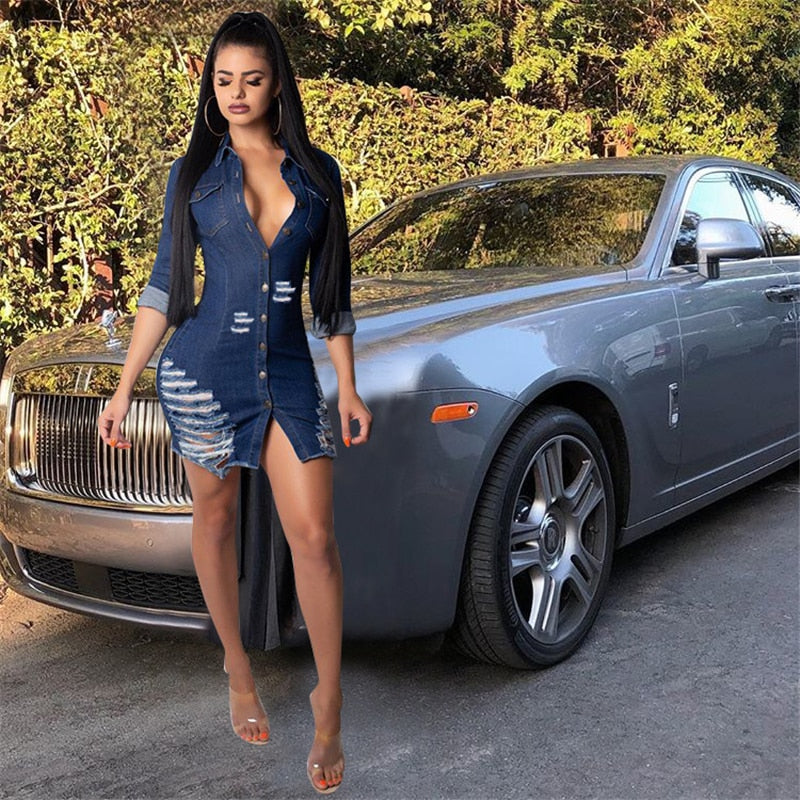 Women Sexy Holes Jeans Dress Buttons Up Turn Down Collar Long Sleeve Denim Mini Night Club Party Dresses