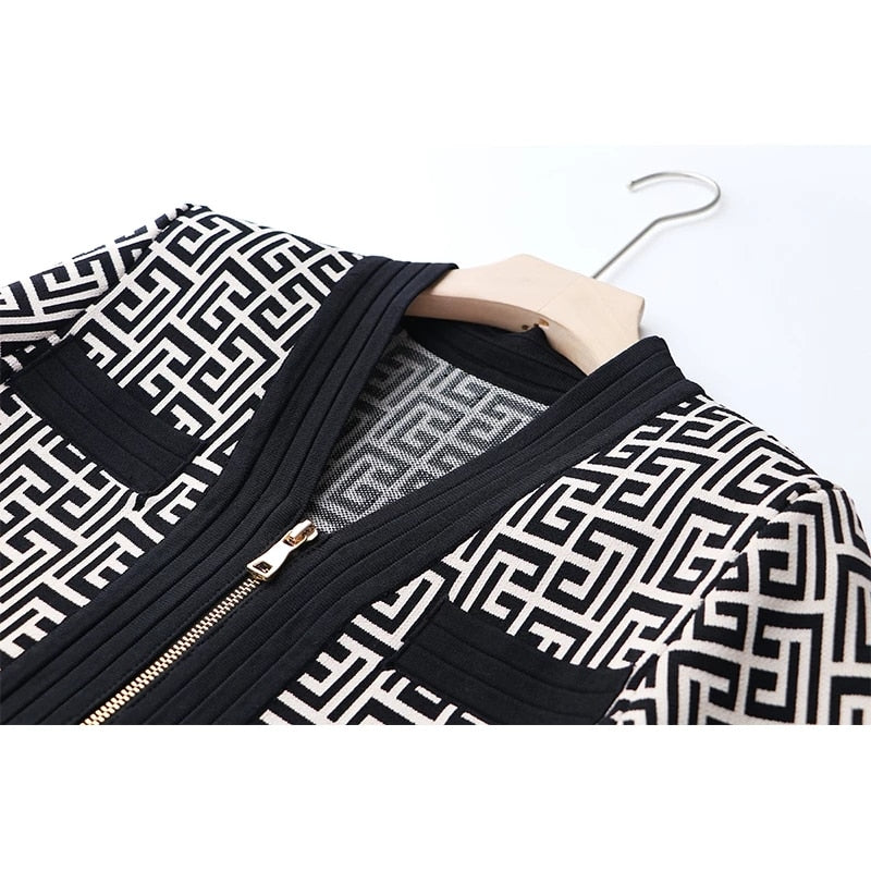 New Autumn Spring Elegant Texture Pattern Elastic Knitted Casual Women 2 Pieces Skirt Sets Sweater Jacket Suits