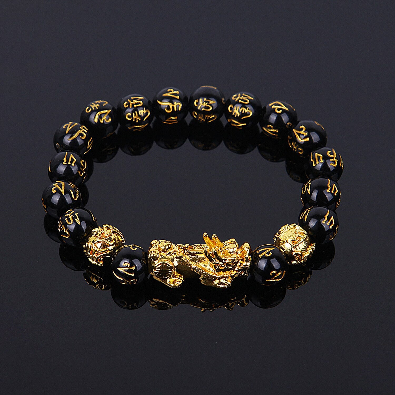 1pc Feng Shui 10-12mm Black Beads Alloy Wealth Bracelet Bangles With Golden Pixiu Charm bracelet Gifts for Men Women