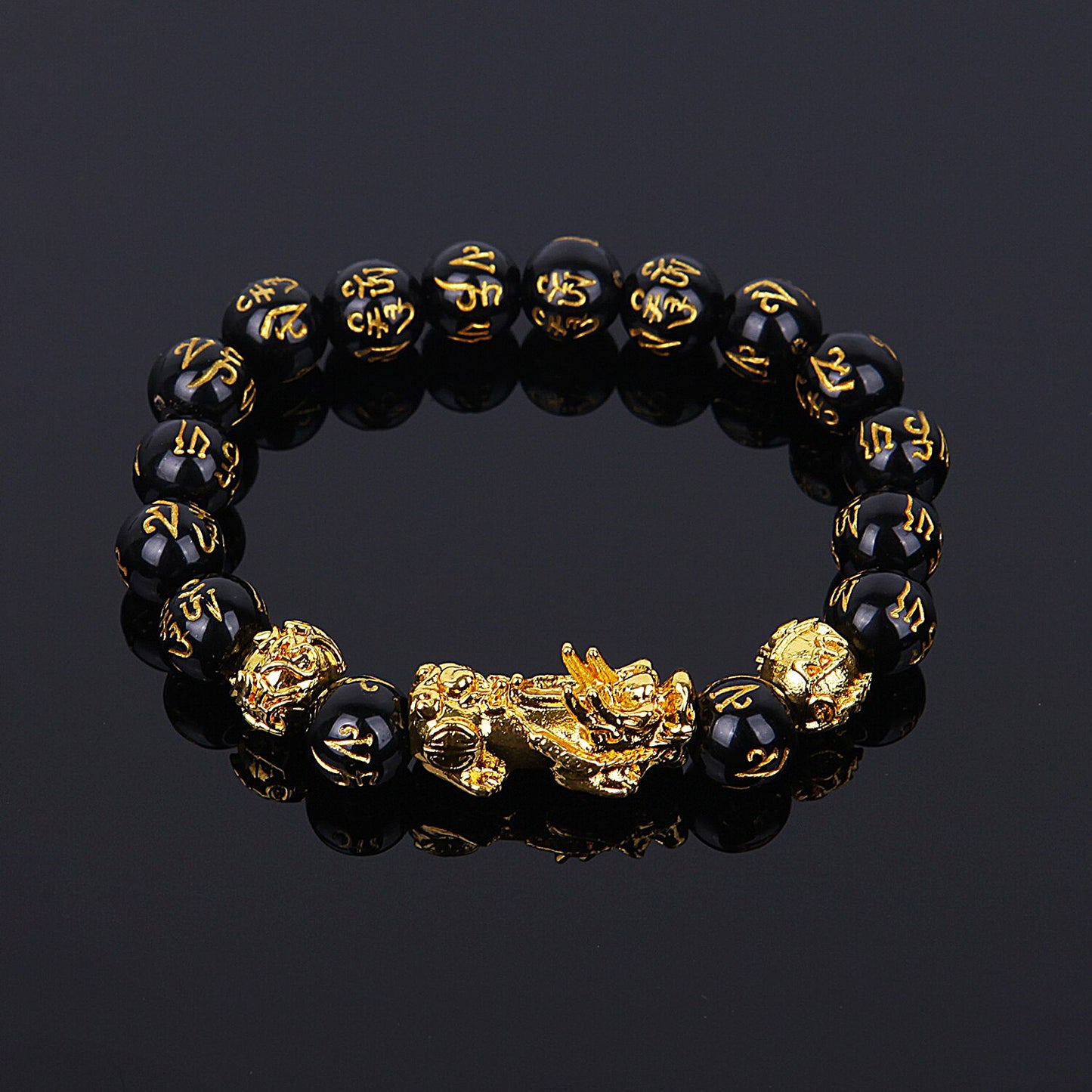 1pc Feng Shui 10-12mm Black Beads Alloy Wealth Bracelet Bangles With Golden Pixiu Charm bracelet Gifts for Men Women