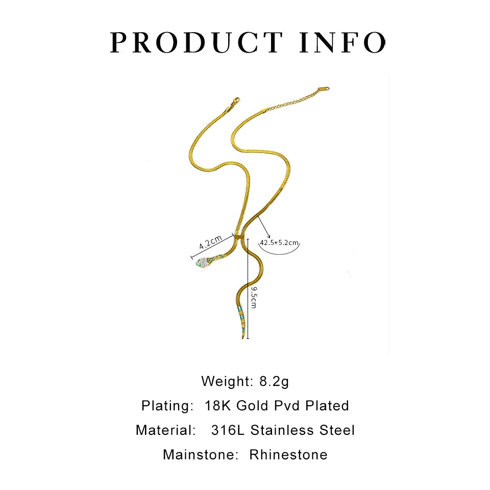 Peri'sbox Dainty Clear Rhinestone Solid Gold Plated Flat Snake Chain Tassel Necklace Stainless Steel Waterproof Women's Jewelry
