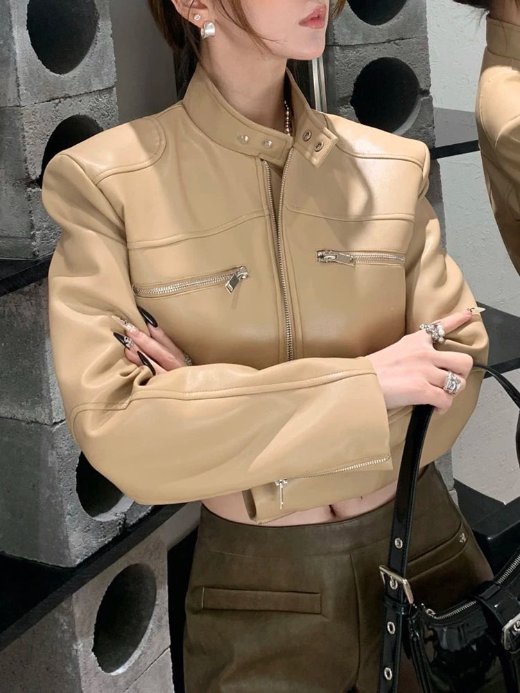 Solid Patchwork Zipper Casual Slimming Leather Coats For Women Stand Collar Long Sleeve Minimalist Coat Female