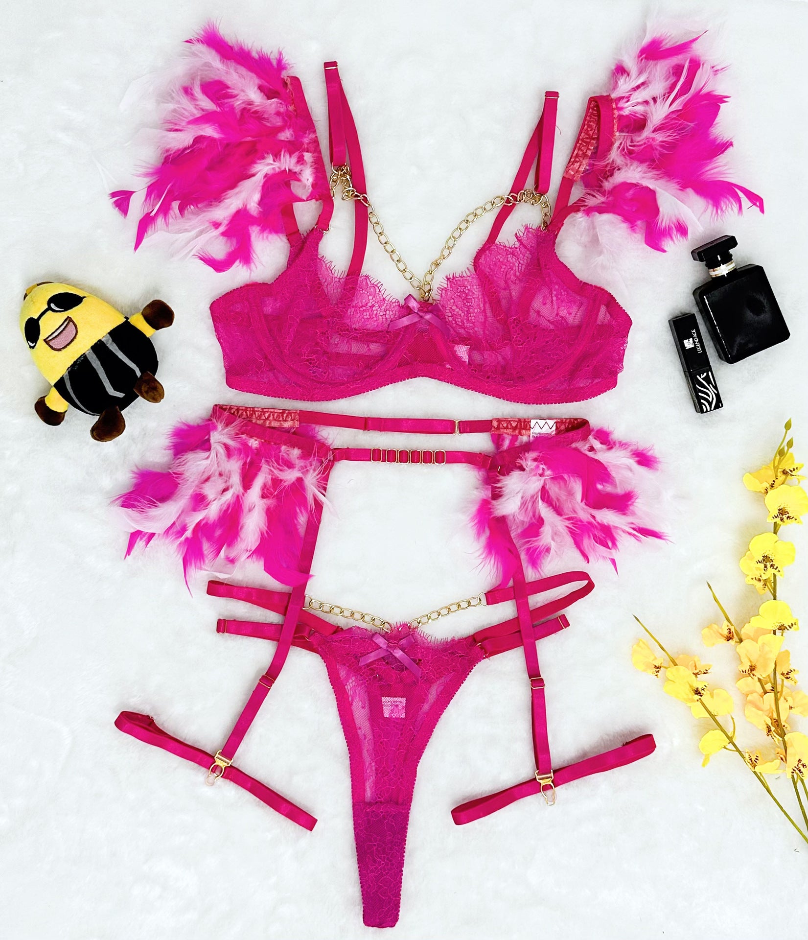 Sexy Lingerie Feather Lace Splicing Metal Chain Seductive Fitted Four-Piece Set