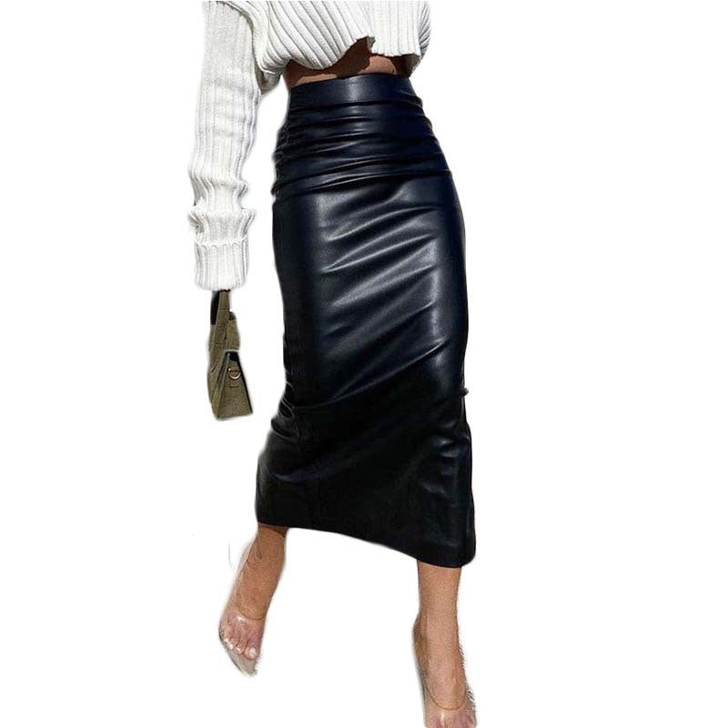 Artsu Elegant Fashion Ruched PU Leather Midi Skirts Women Clubwear Party Office Lady High Waist Skirts Bottom Clothes