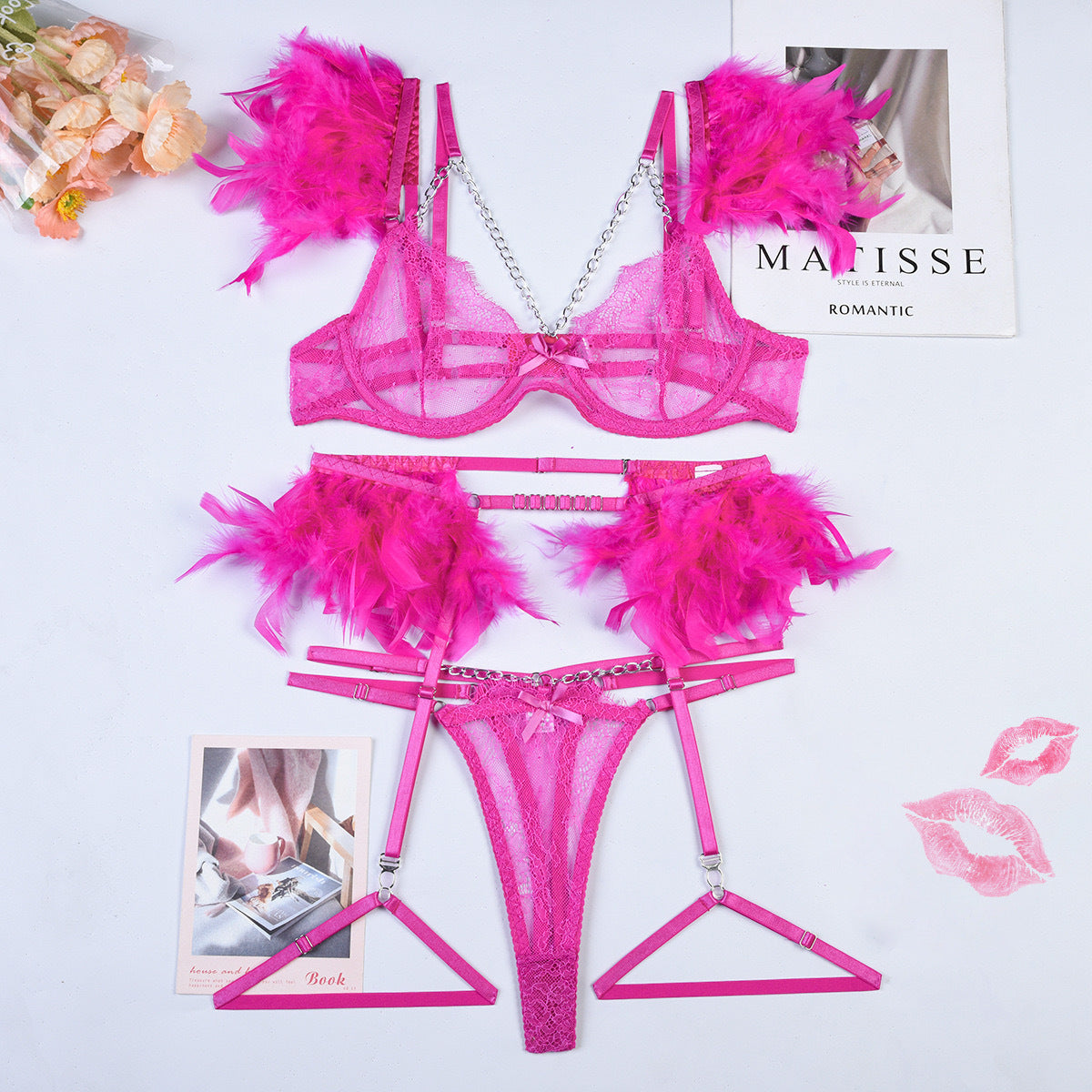 Sexy Lingerie Feather Lace Splicing Metal Chain Seductive Fitted Four-Piece Set