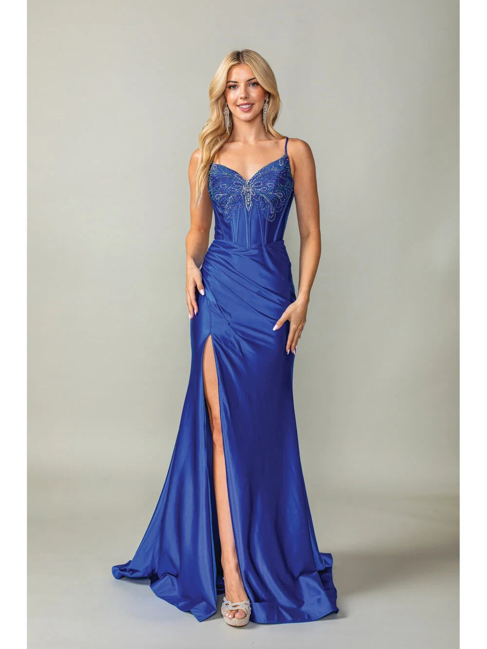 Elegant Spaghetti Strap Prom Dress with Intricate Beaded Butterfly Design and Side Slit, Featuring a Fitted Silhouette and Soft Draped Fabric