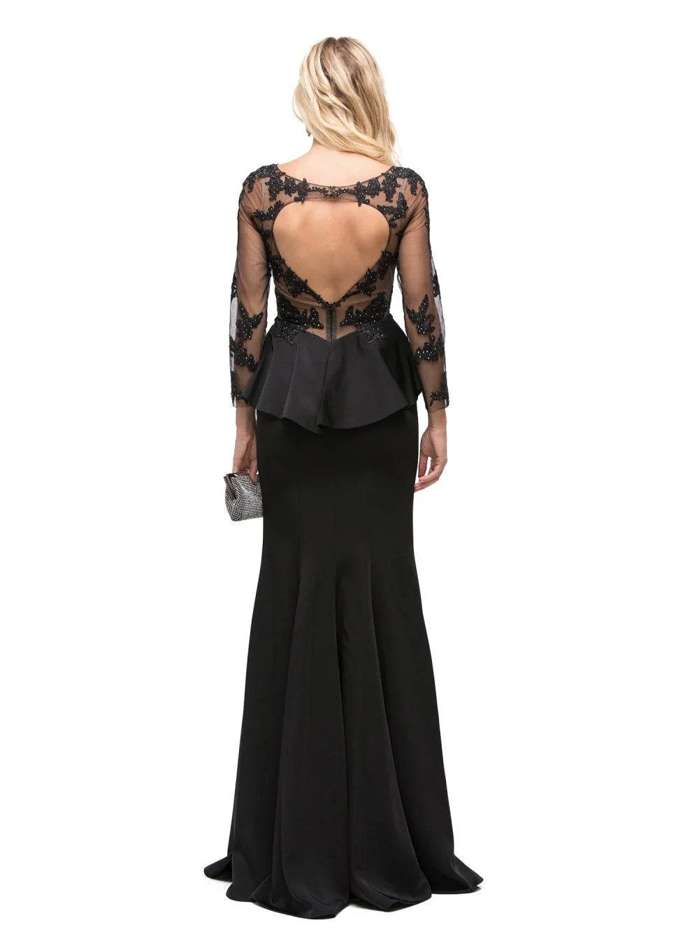 Embroidered Lace Appliqué Peplum Bodice Gown with Sheer Long Sleeves and Flared Hem Prom Dress