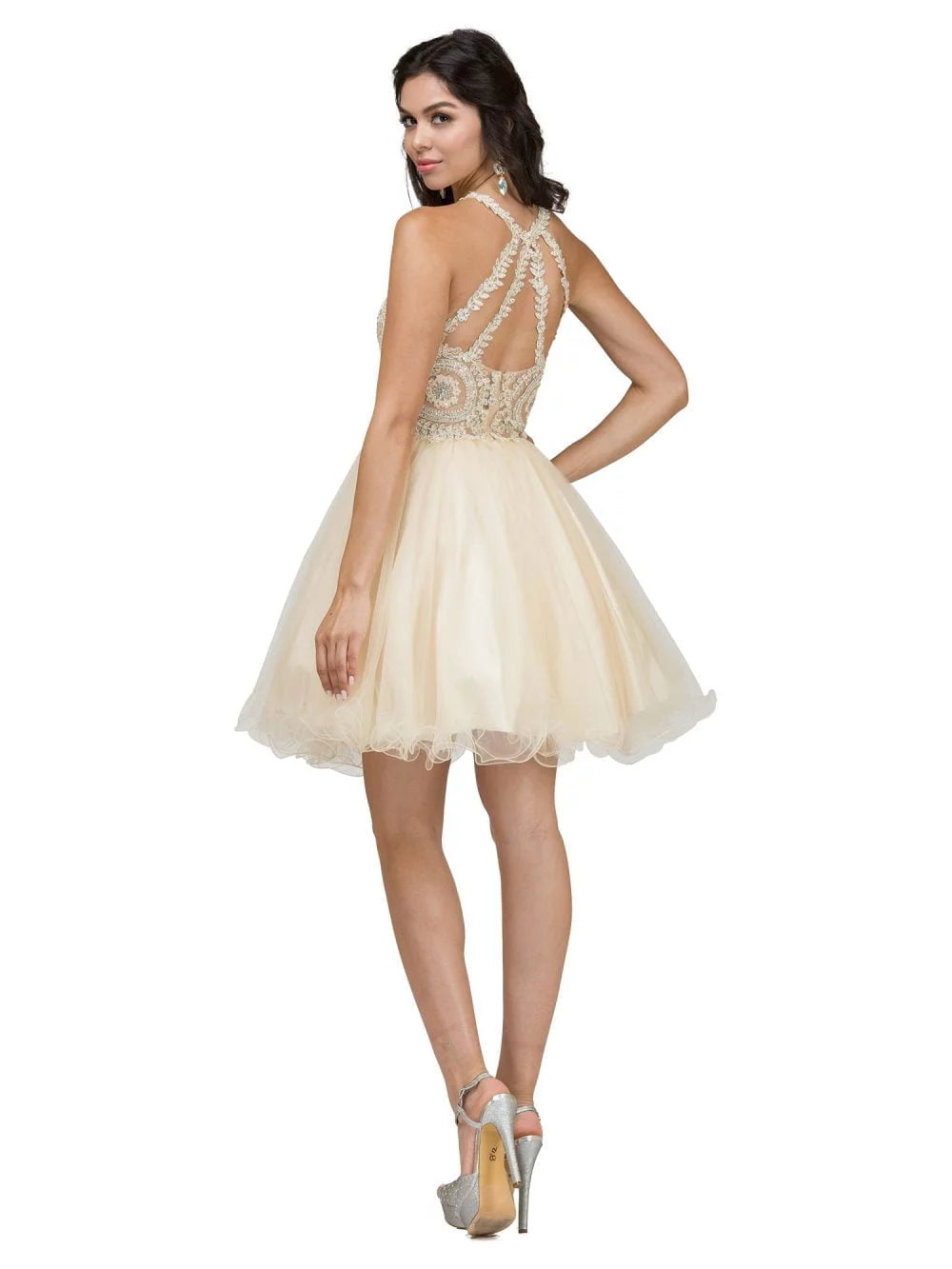 Embroidered Lace Top Dress with Halter Neckline and Layered Tulle Skirt Homecoming Dress