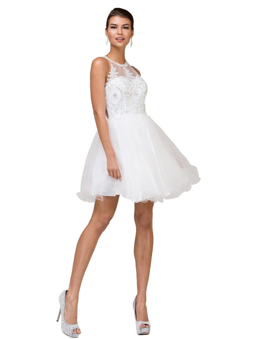 Embroidered Lace Top Dress with Halter Neckline and Layered Tulle Skirt Homecoming Dress