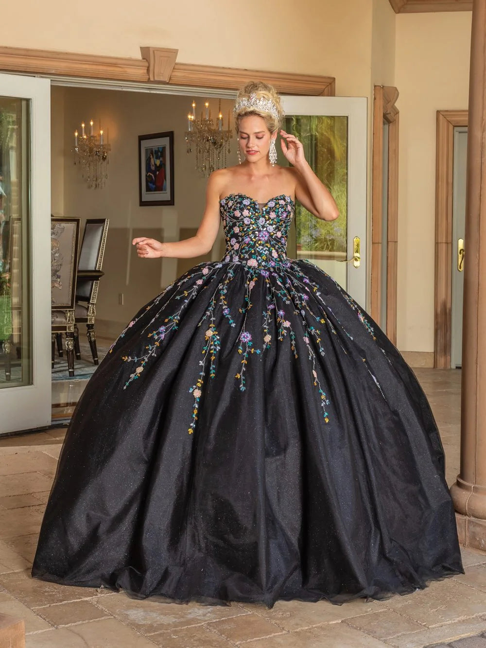 Enchanting Strapless Ball Gown with Multicolored Embroidery and Glitter Tulle Overlay Quinceanera Dress