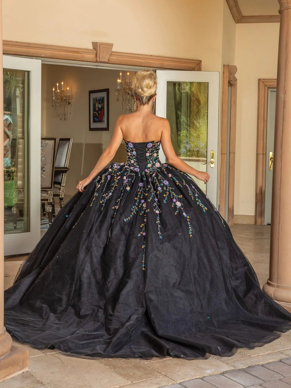 Enchanting Strapless Ball Gown with Multicolored Embroidery and Glitter Tulle Overlay Quinceanera Dress