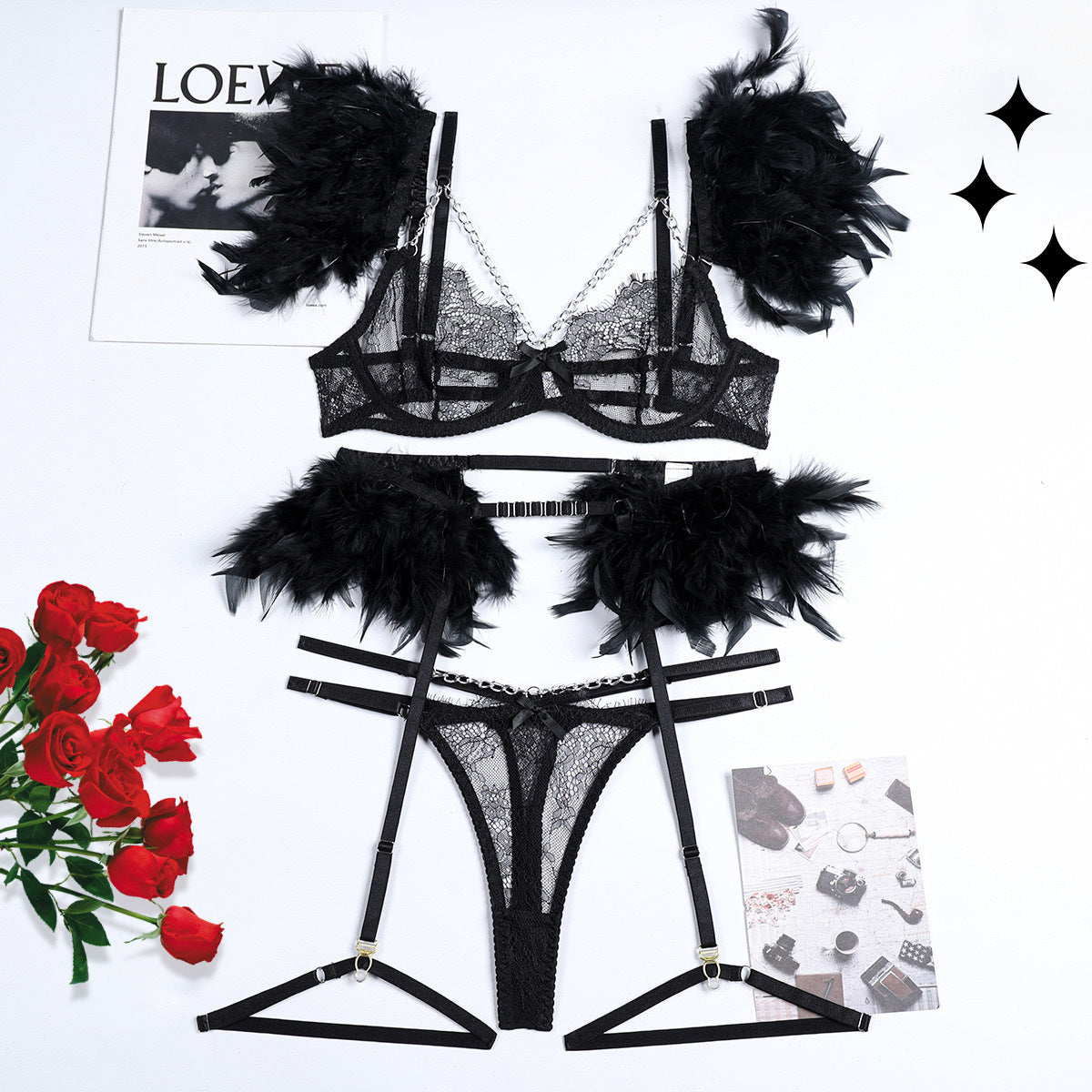 Sexy Lingerie Feather Lace Splicing Metal Chain Seductive Fitted Four-Piece Set