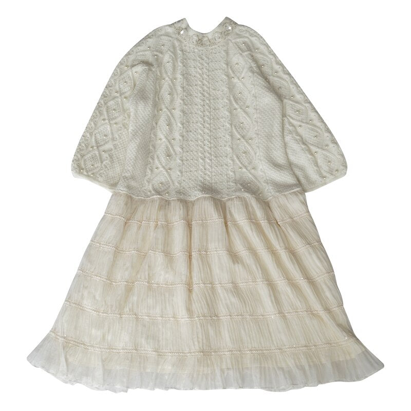 Wool Handmade Beaded Sparkling Elegant Big Skirt False Two-Piece Loose Sweater Dress