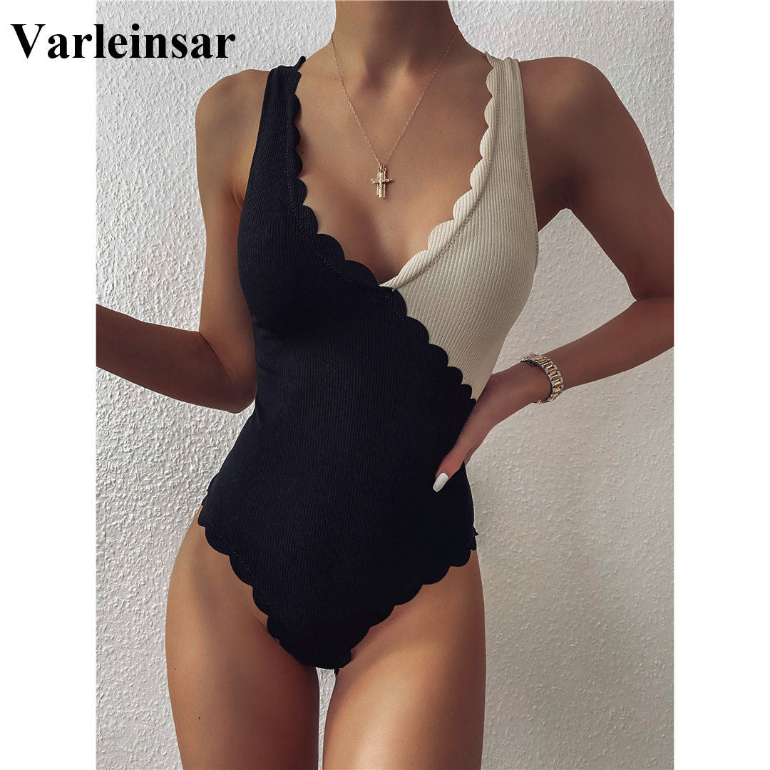 Scalloped Black Beige Splicing High Cut One Piece Swimsuit Women Swimwear Female Ribbed Bather Bathing Suit Swim Lady V2425