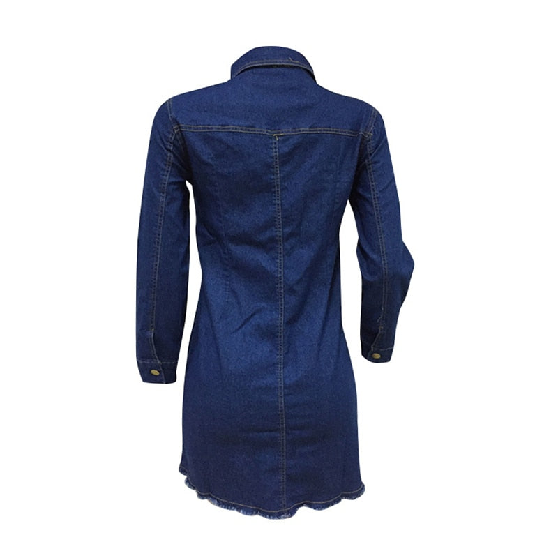 Women Sexy Holes Jeans Dress Buttons Up Turn Down Collar Long Sleeve Denim Mini Night Club Party Dresses