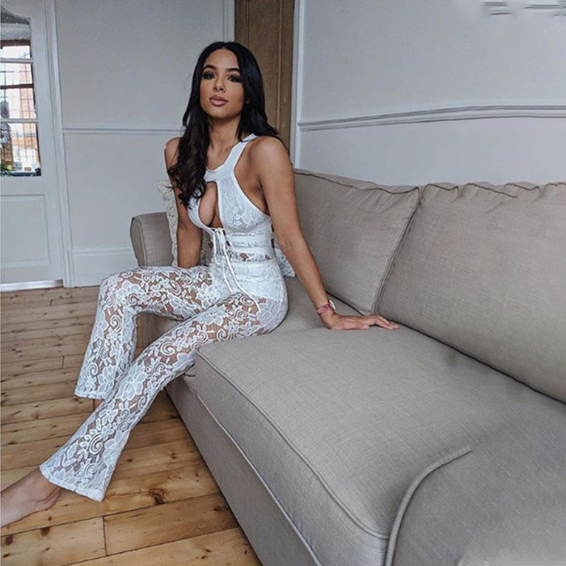 Ins New Fashion Sexy Hollow Lace Jumpsuit Sleeveless Lace Flared Trousers