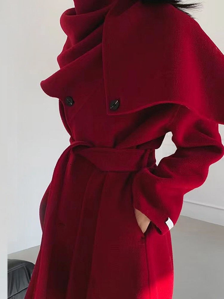 Cappotti con cintura in lana double face da donna autunno e inverno nuovo collo a sciarpa con collo a scialle doppiopetto tinta unita