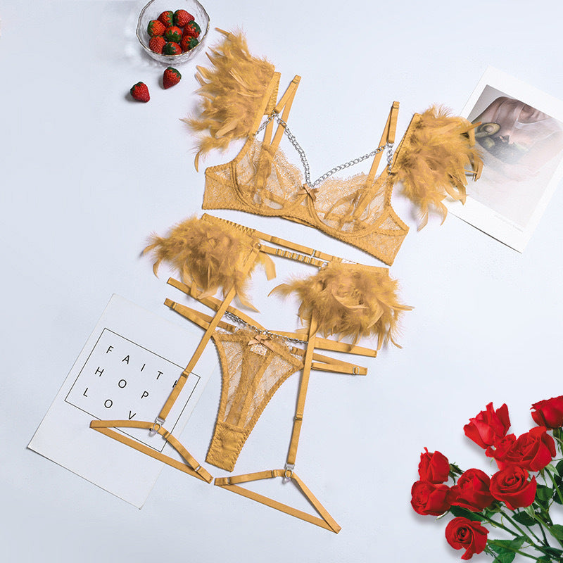 Sexy Lingerie Feather Lace Splicing Metal Chain Seductive Fitted Four-Piece Set
