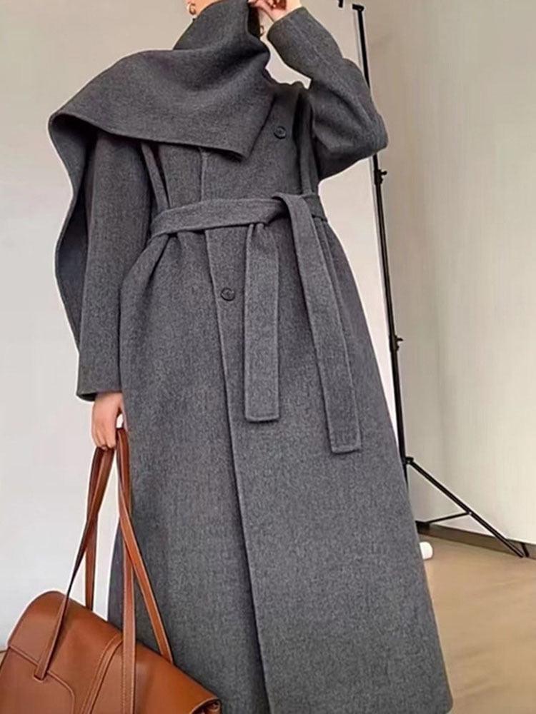 Cappotti con cintura in lana double face da donna autunno e inverno nuovo collo a sciarpa con collo a scialle doppiopetto tinta unita