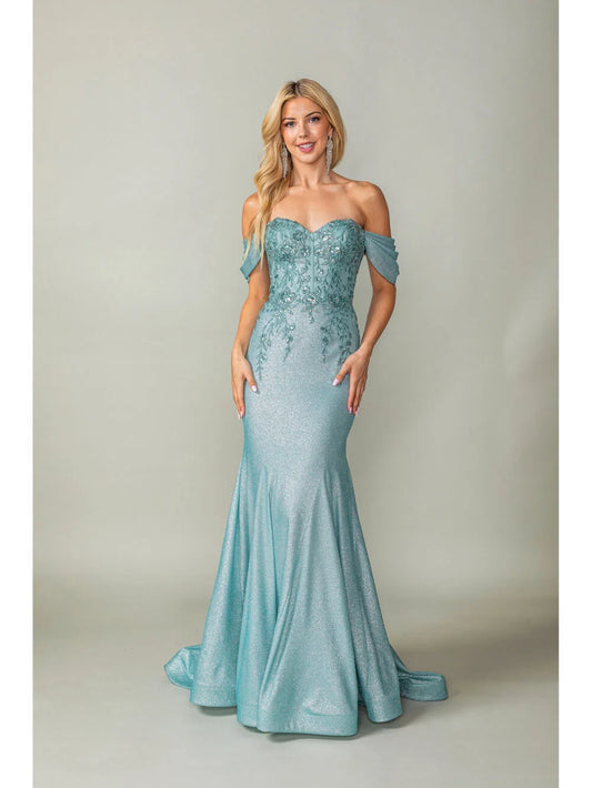 Glitter Gown with Off-Shoulder Sleeves, Lace-Up Corset Back, and Fishtail Train Prom Dress