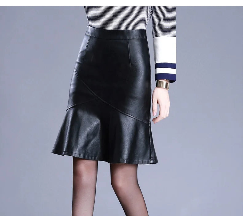 Women Black PU Leather Trumpet Skirt Autumn Winter Office Lady Elegant Chic High Waist Knee Length Bodycon Skirts