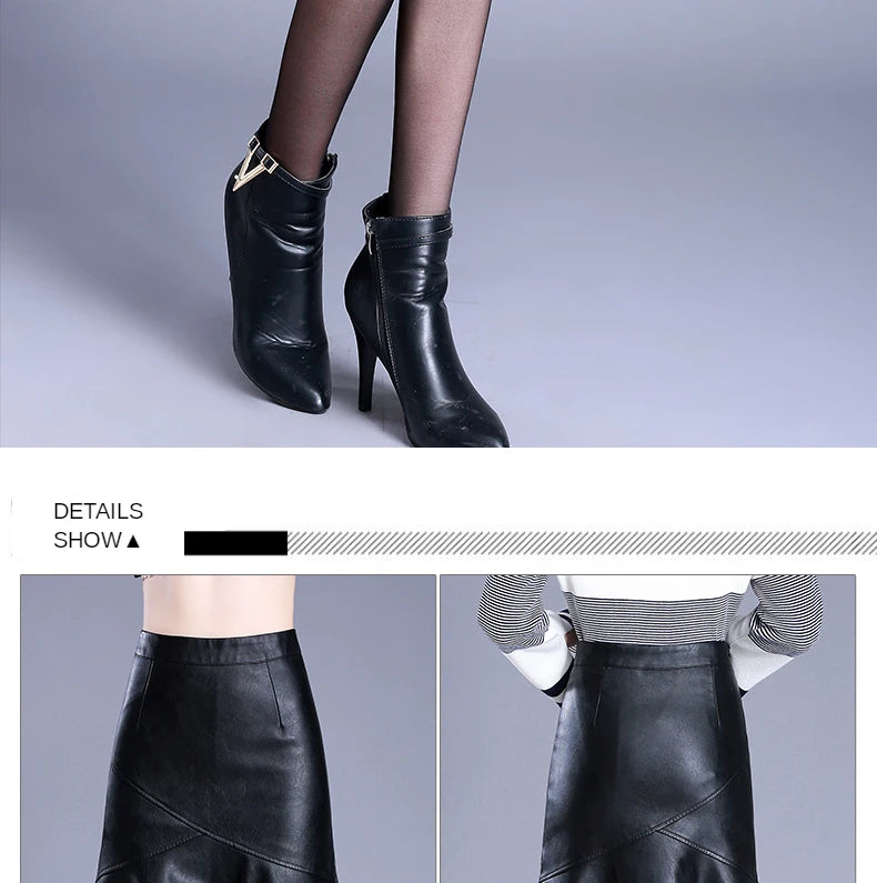 Women Black PU Leather Trumpet Skirt Autumn Winter Office Lady Elegant Chic High Waist Knee Length Bodycon Skirts
