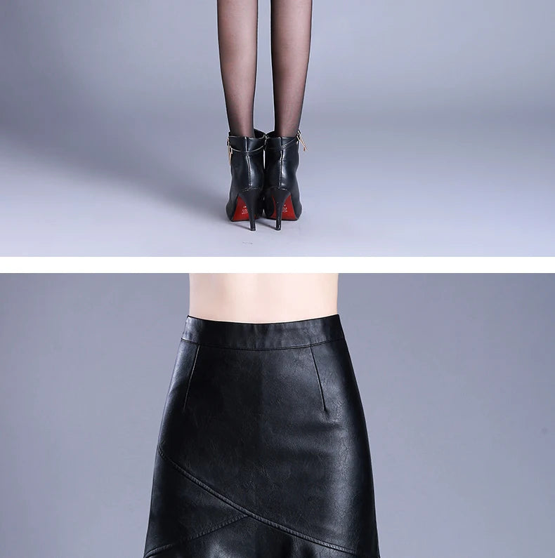 Women Black PU Leather Trumpet Skirt Autumn Winter Office Lady Elegant Chic High Waist Knee Length Bodycon Skirts