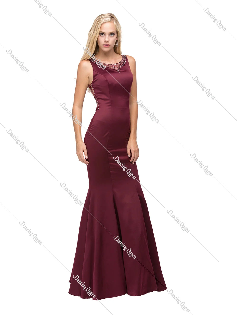 Jewel Neckline Fitted Gown with Beaded Embellishments and Flared Hem Prom Dress