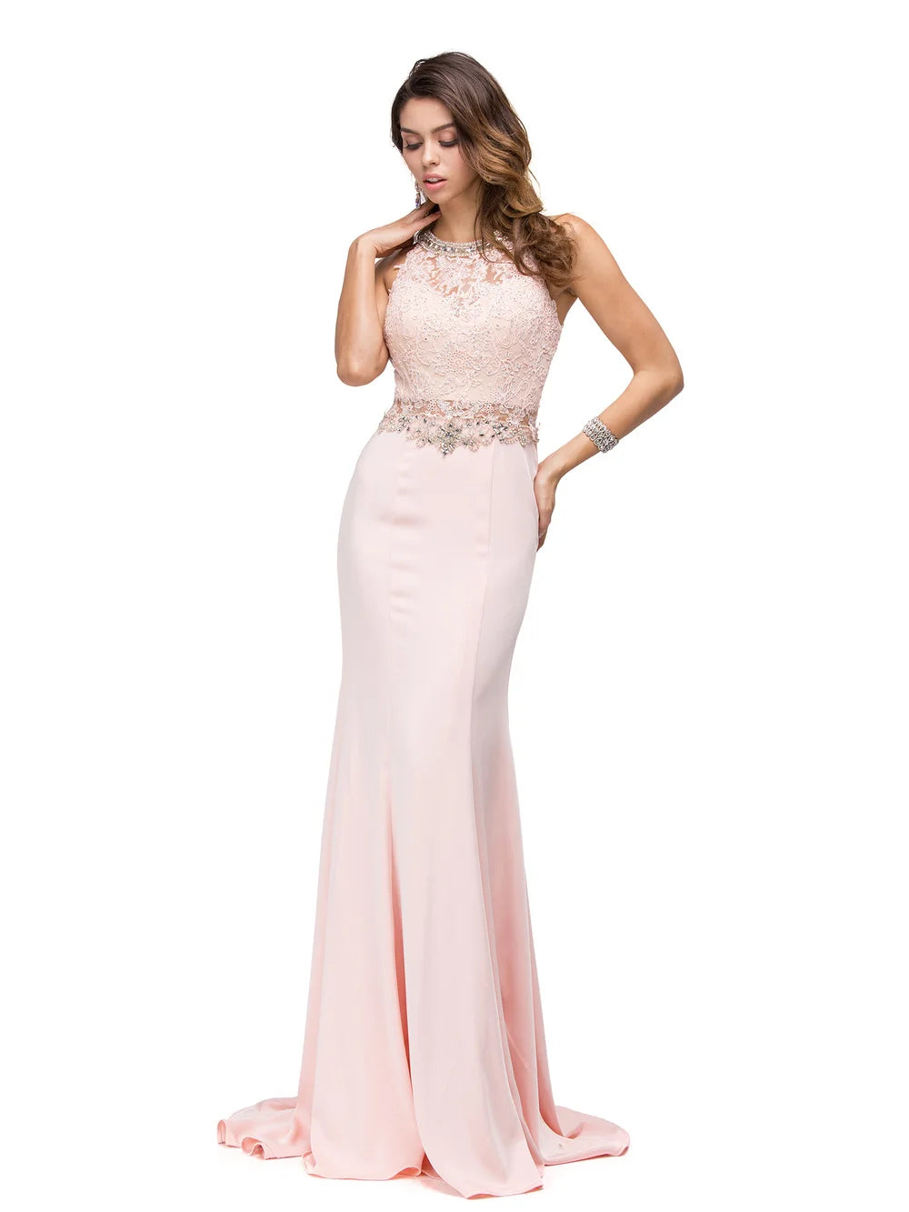 Lace Embellished Bodice Sleeveless Gown with Illusion Neckline and Flared Hem Prom Dress