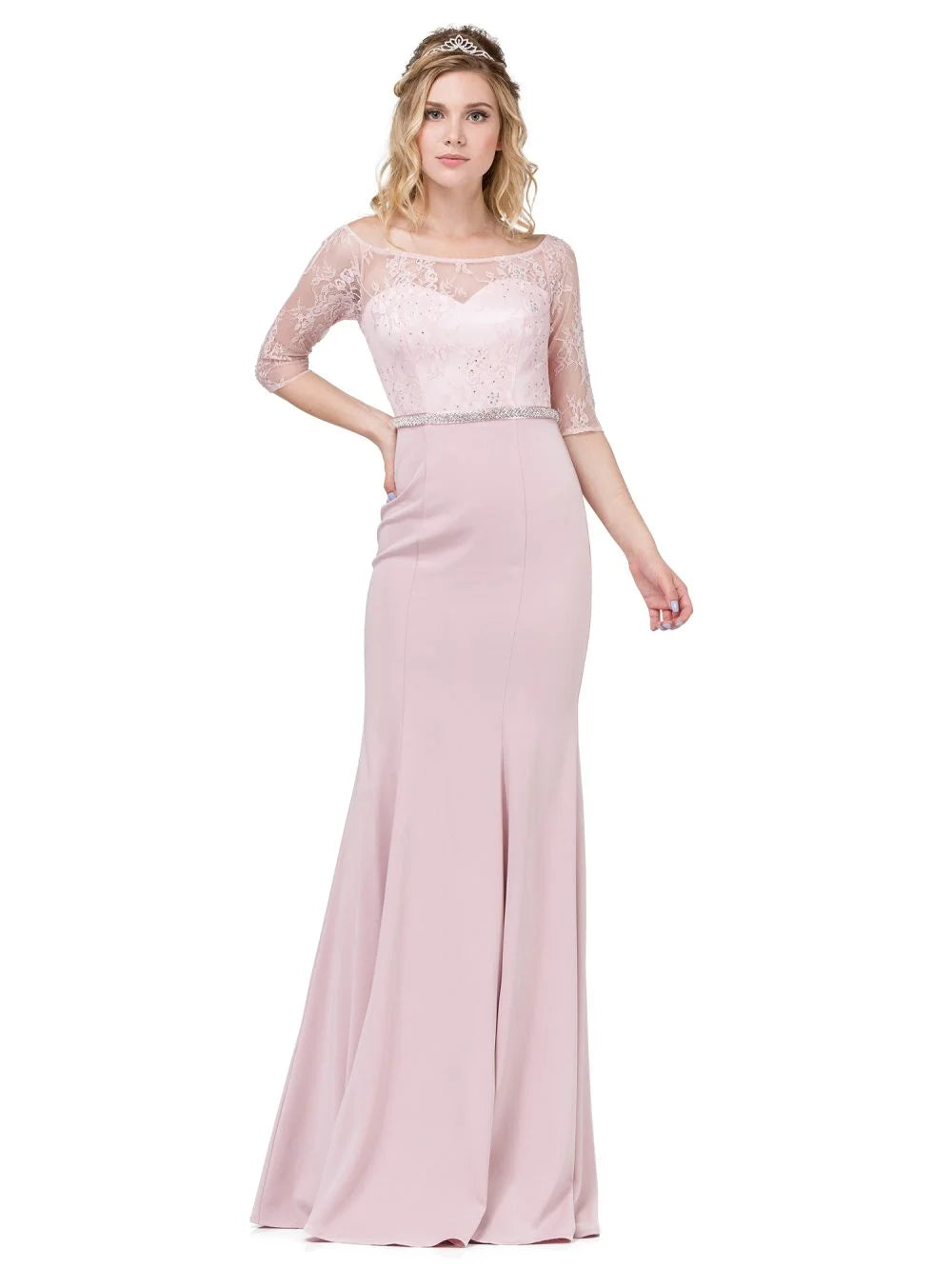 Lace Illusion Neckline Gown with Three-Quarter Sleeves and Beaded Waist Detail Prom Dress