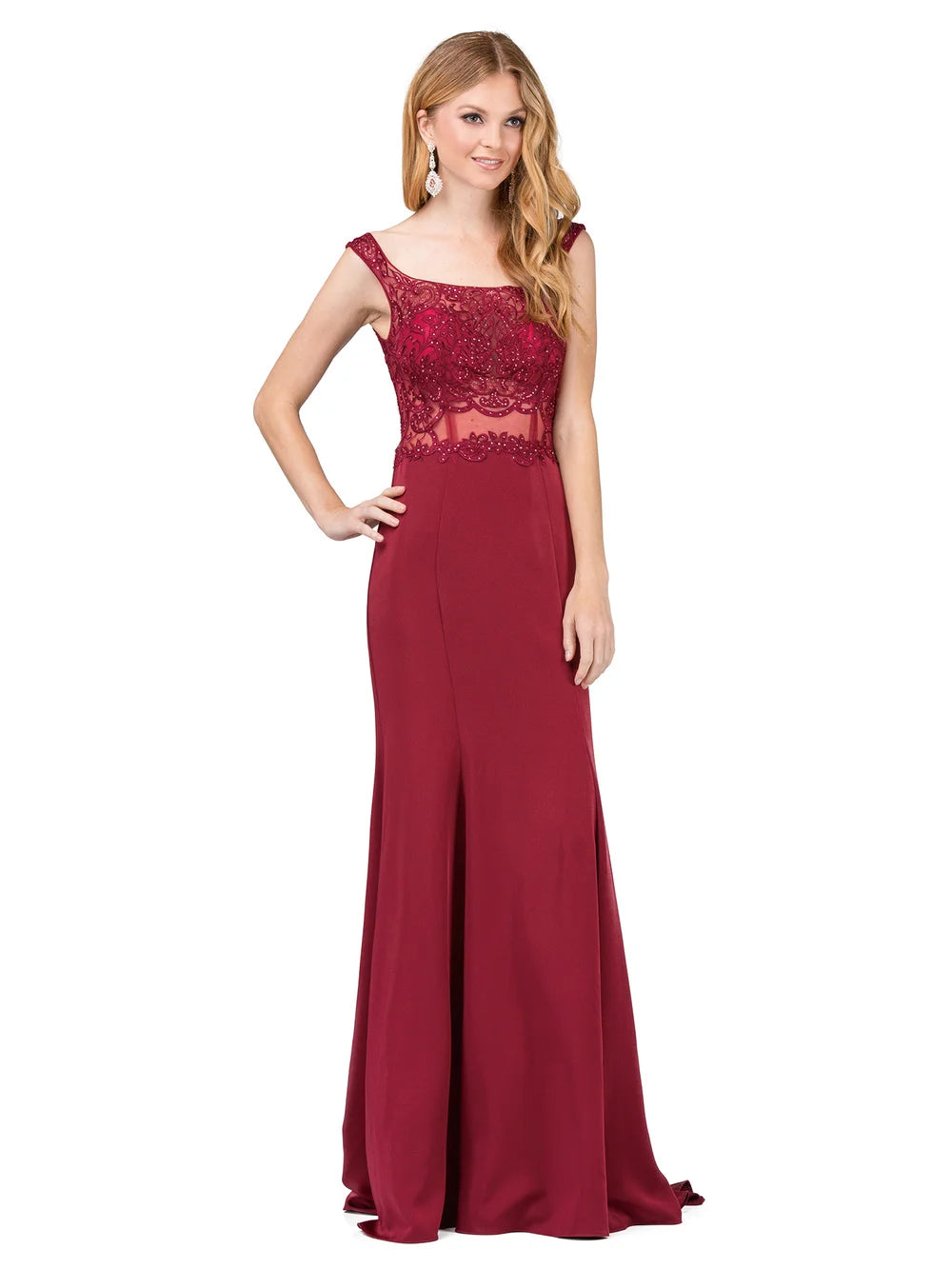 Lace Overlay Bodice Jersey Gown with Sheer Waist Detail and Mermaid Skirt Prom Dress