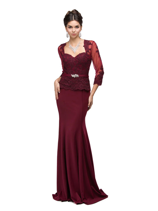 Lace Overlay Sweetheart Bodice Gown with Sheer Three-Quarter Sleeves and Embellished Waistband Prom Dress