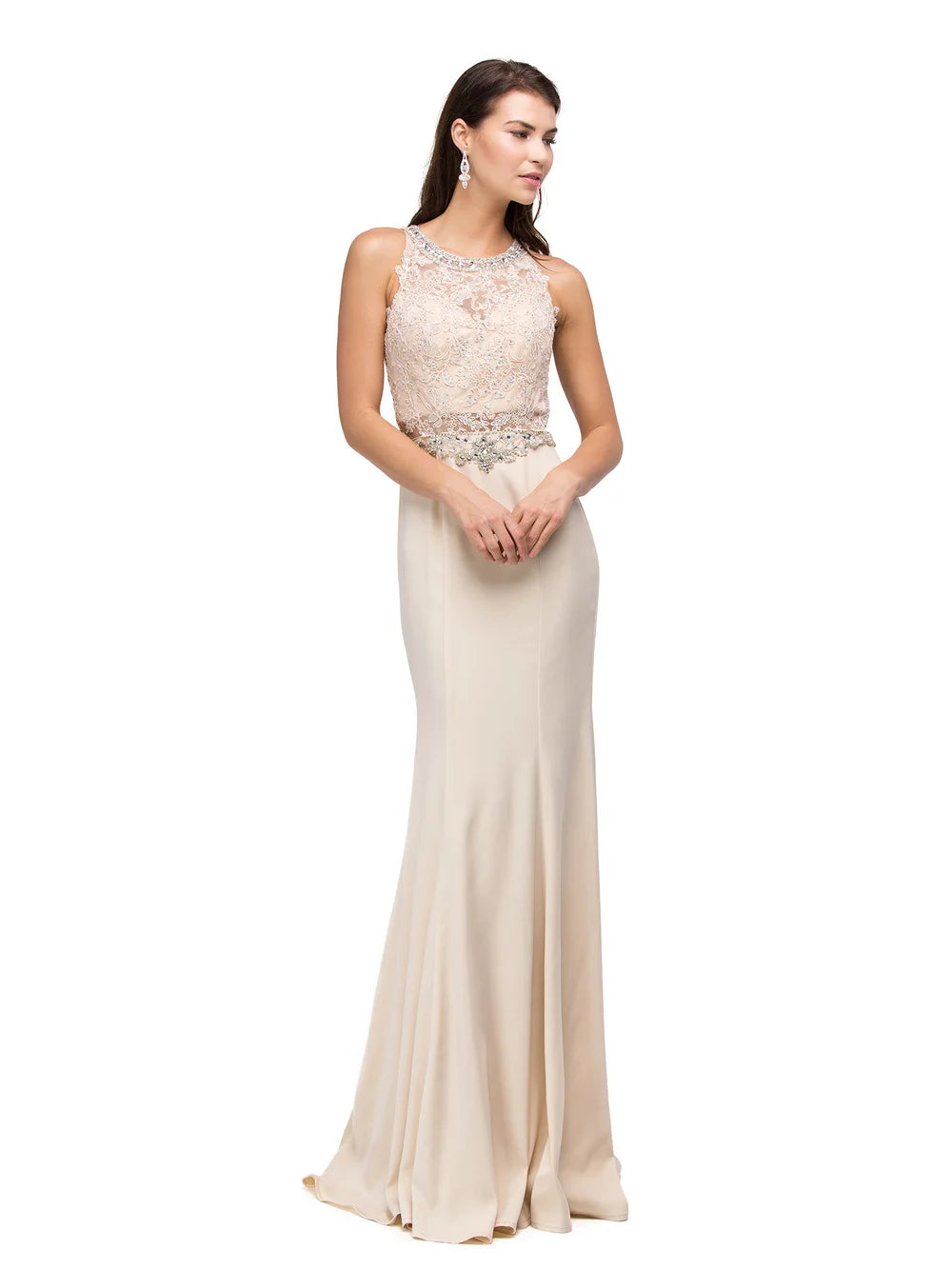 Lace Embellished Bodice Sleeveless Gown with Illusion Neckline and Flared Hem Prom Dress