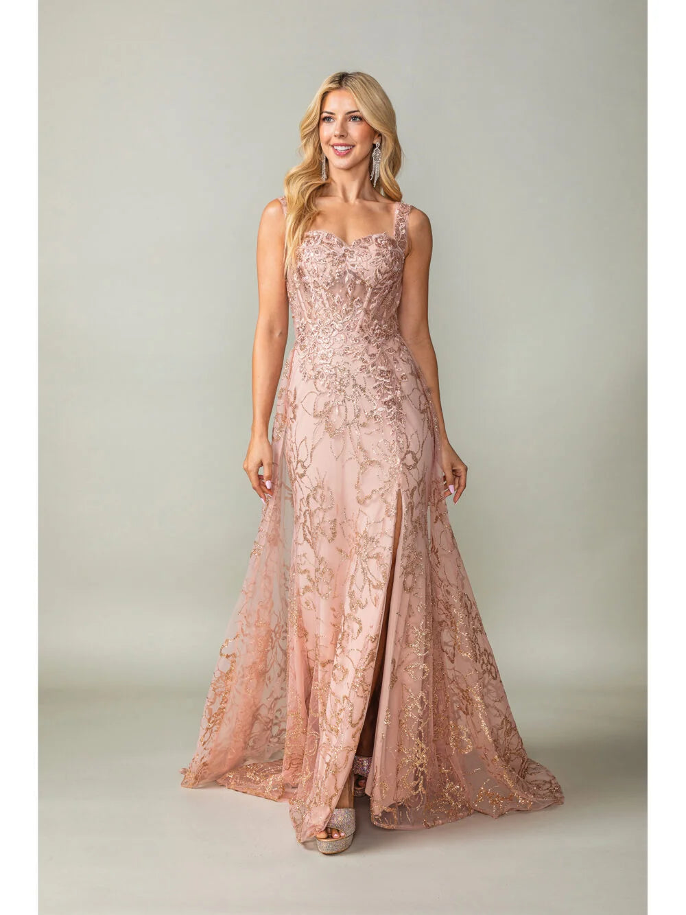 Lace Embroidered Gown with Sheer Overlay and High Slit Prom Dress