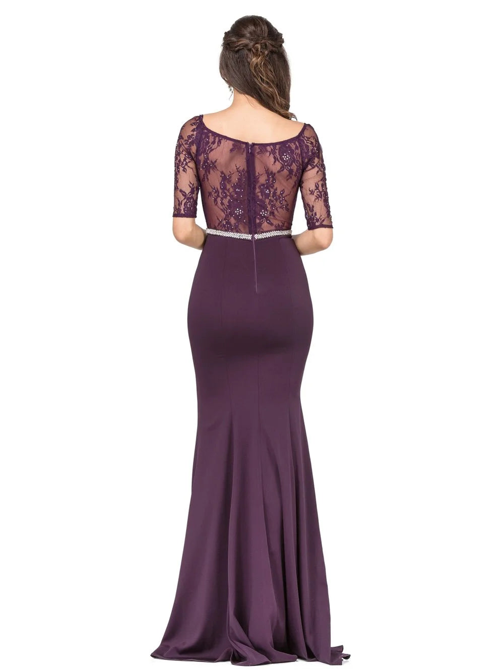 Lace Illusion Neckline Gown with Three-Quarter Sleeves and Beaded Waist Detail Prom Dress