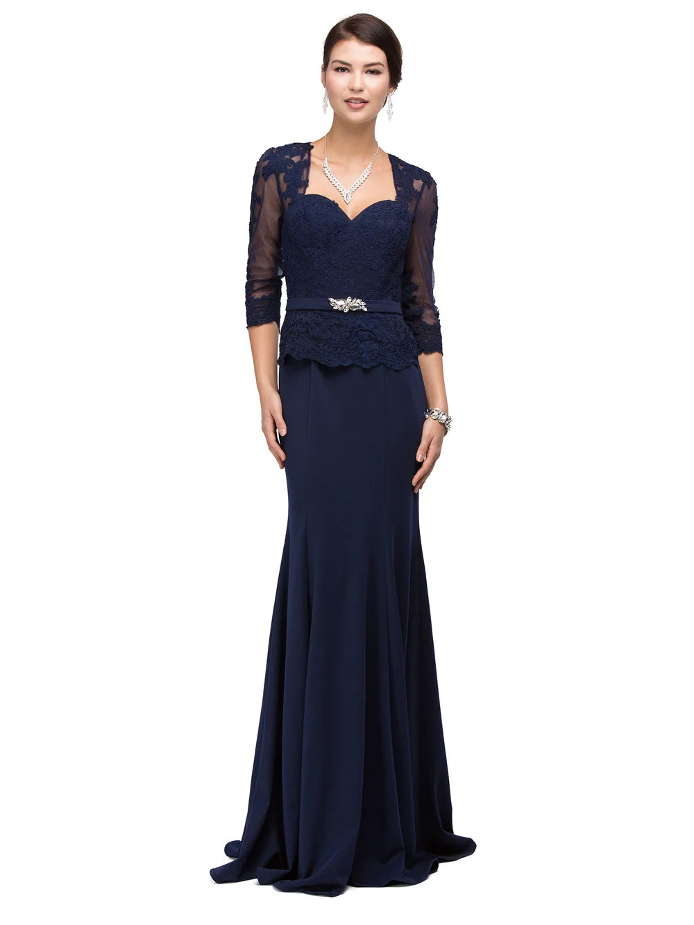 Lace Overlay Sweetheart Bodice Gown with Sheer Three-Quarter Sleeves and Embellished Waistband Prom Dress