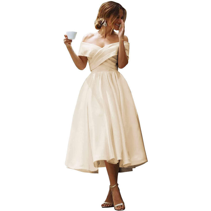 Off-neck Elegant Simple Solid Color Dress