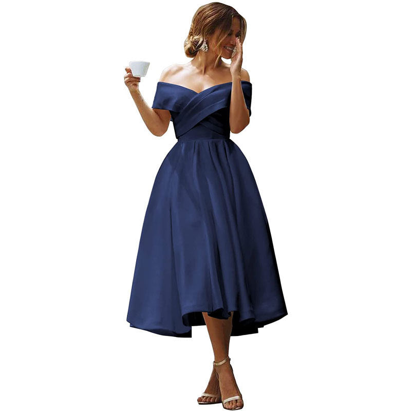 Off-neck Elegant Simple Solid Color Dress