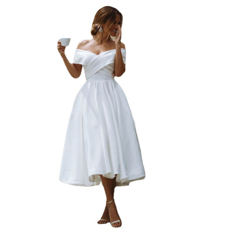 Off-neck Elegant Simple Solid Color Dress