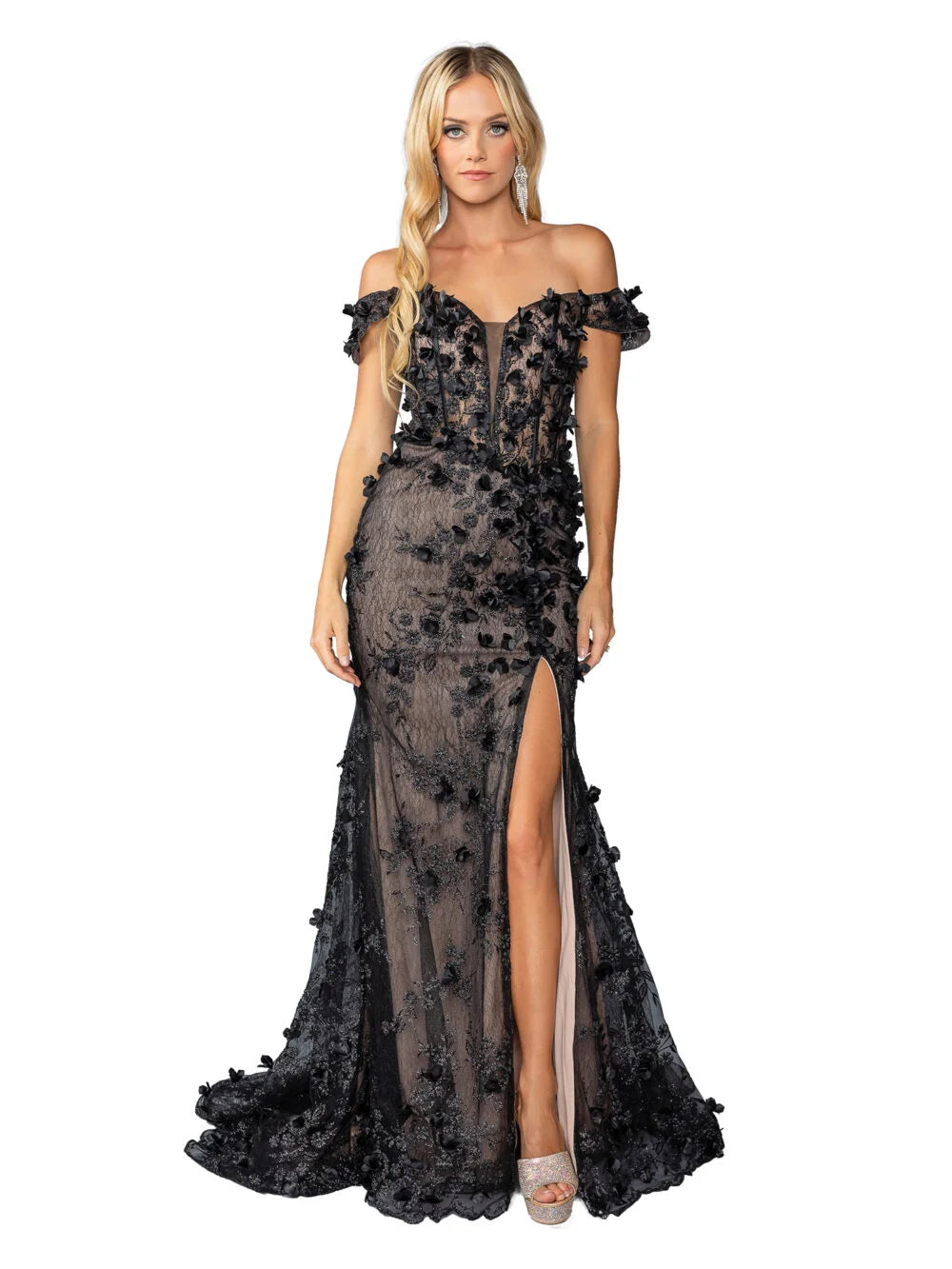 Off-Shoulder Floral Applique Gown with Ruffled Trim and Front Slit Prom Dress