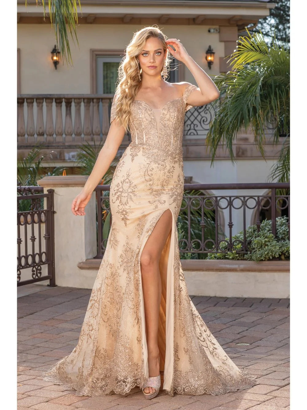 Off-Shoulder Lace Gown with Plunge Neckline, Thigh-High Slit, and Court Train Prom Dress