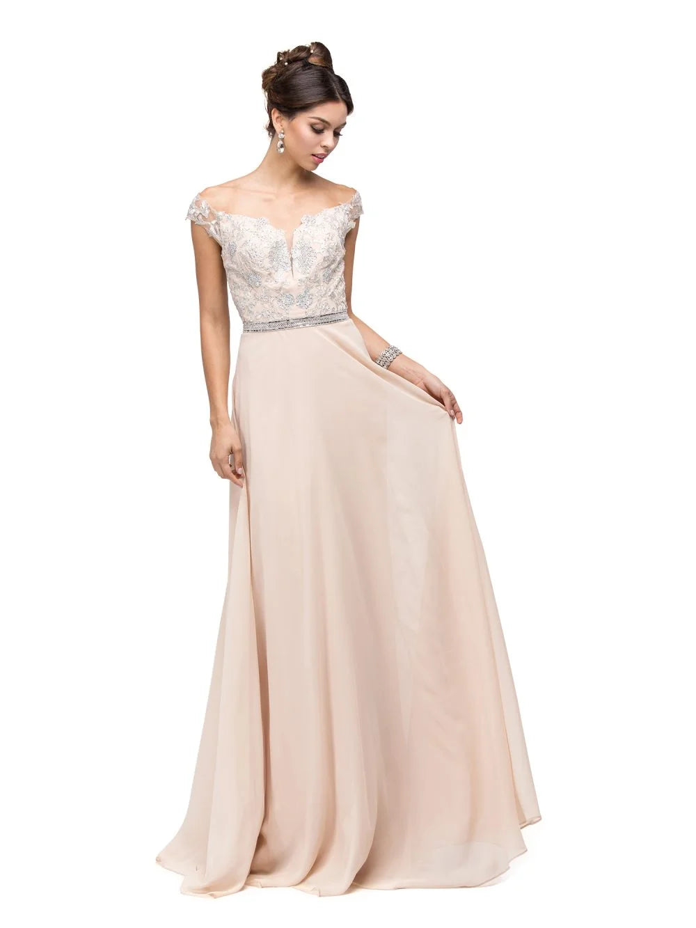 Off-Shoulder Embroidered Bodice A-Line Gown with Waistband and Floor-Length Skirt Prom Dress
