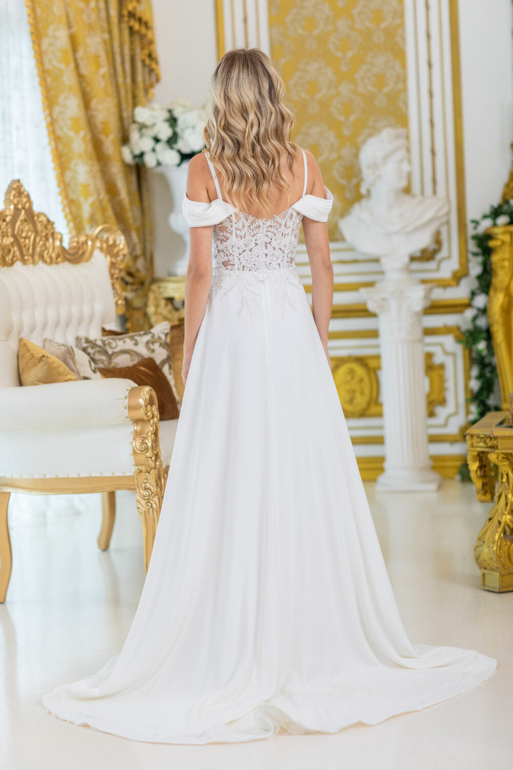 Off-Shoulder Wedding Dress with Draped Sleeves, Sheer Lace Bodice, and High Slit Skirt