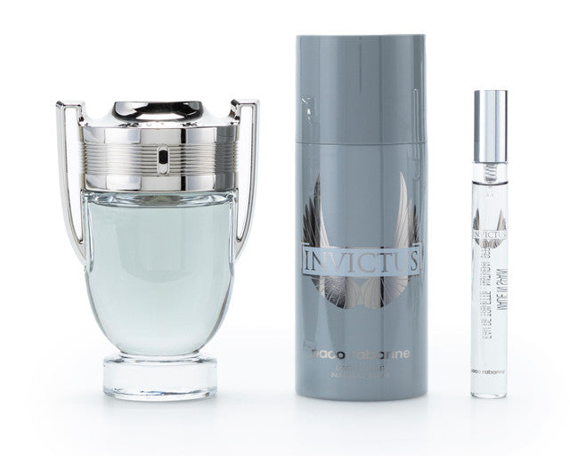 PACO RABANNE INVICTUS 3 PCS SET FOR MEN: 3.4 EAU DE TOILETTE SPRAY + 5.1 DEODORANT SPRAY + 0.34 EAU DE TOILETTE SPRAY