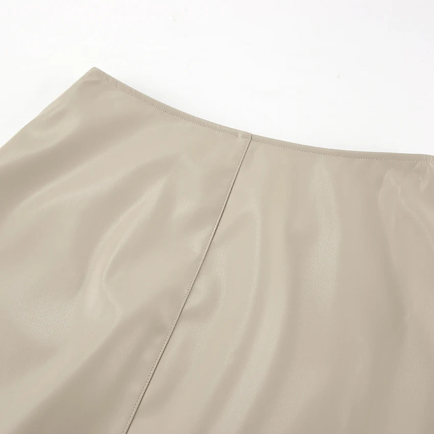 Mnealways18 Elegant Pu Khaki Skirts Womens High Waist Straight Faux Leather Long Skirts Autumn Office Ladies Zipper Skirts 2024