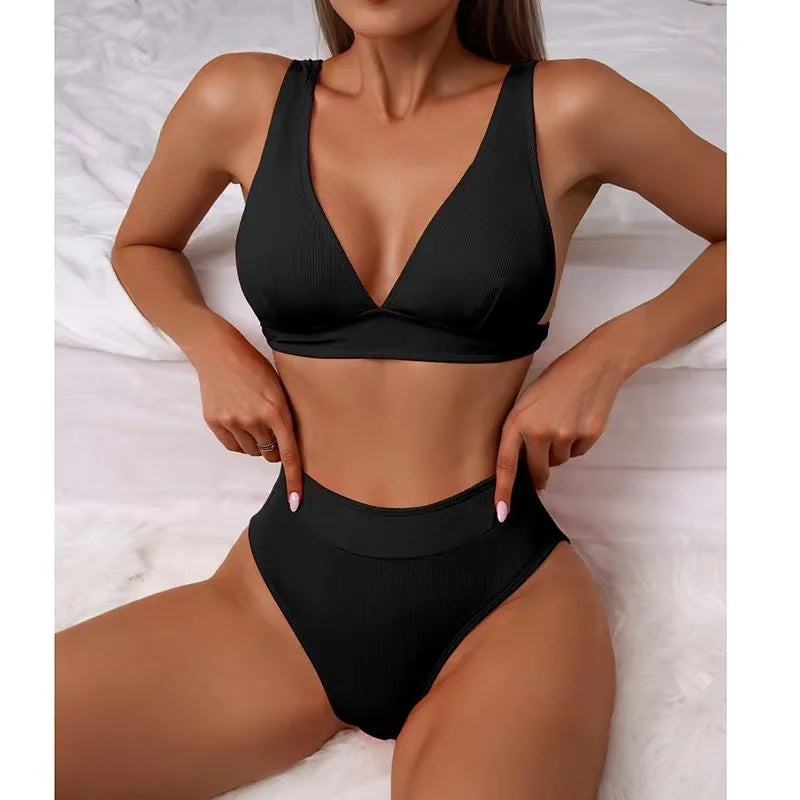 2023 New Sexy V-Neck Ribbed Bikini High Waist Swimsuit Women Solid Push Up Swimwear Female Bathing Suit Bikini Set Beachwear