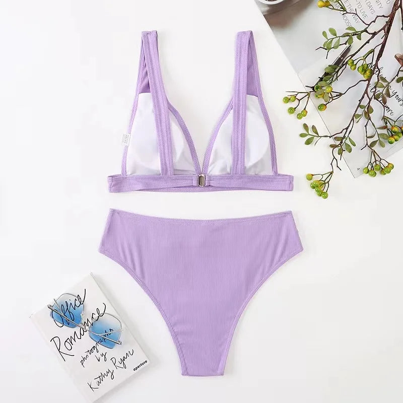 2023 New Sexy V-Neck Ribbed Bikini High Waist Swimsuit Women Solid Push Up Swimwear Female Bathing Suit Bikini Set Beachwear