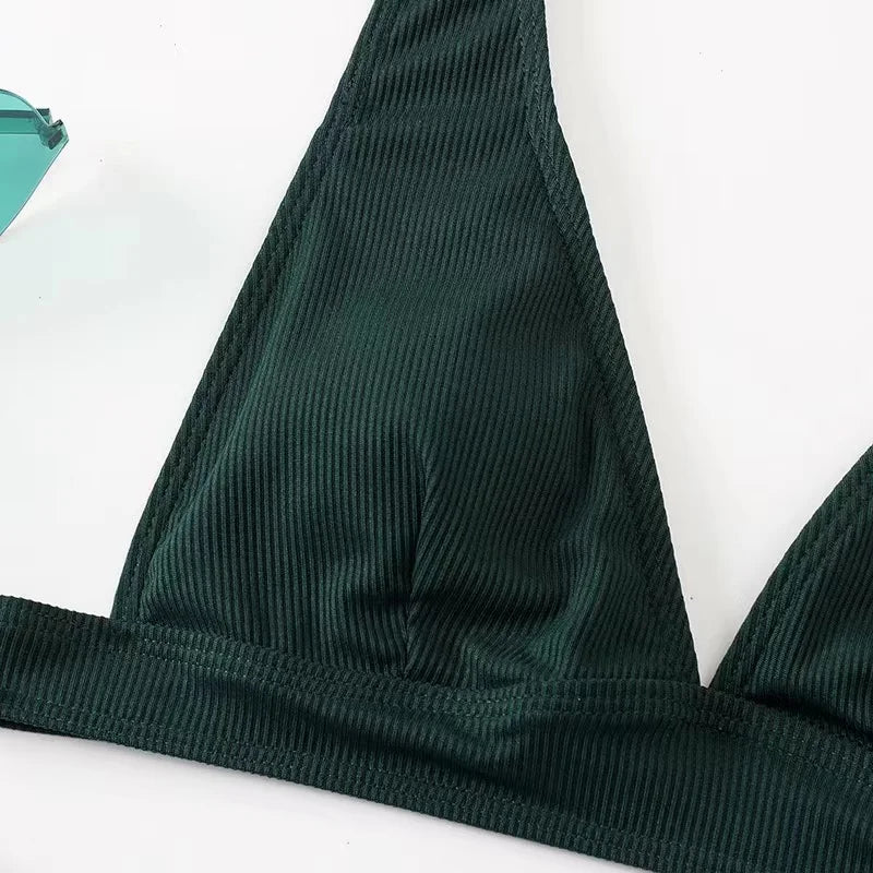 2023 New Sexy V-Neck Ribbed Bikini High Waist Swimsuit Women Solid Push Up Swimwear Female Bathing Suit Bikini Set Beachwear