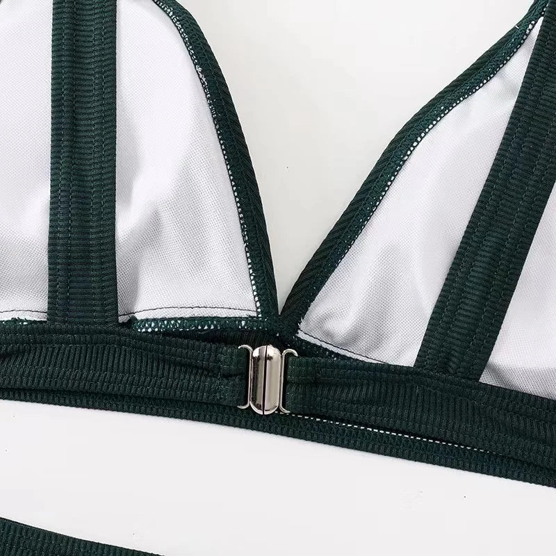 2023 New Sexy V-Neck Ribbed Bikini High Waist Swimsuit Women Solid Push Up Swimwear Female Bathing Suit Bikini Set Beachwear